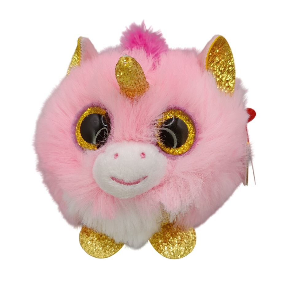 Ty Puffies Fantasia Pink Unicorn Plush Gold Glitter Eyes 3.5" Round Stuffed Toy